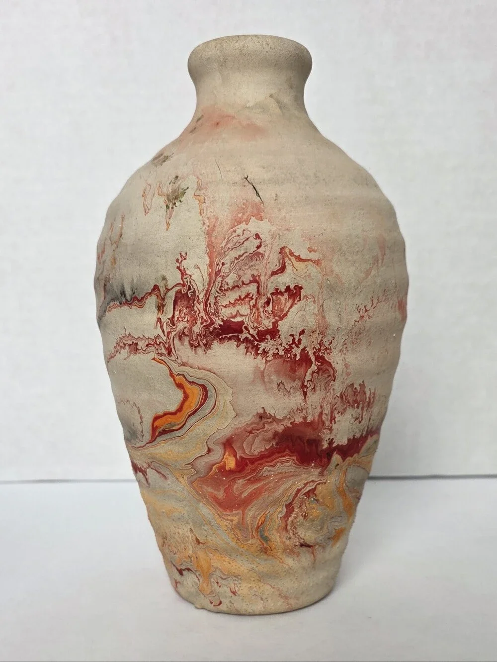 Nemadji Pottery Vases (2), Red, Orange, Black,